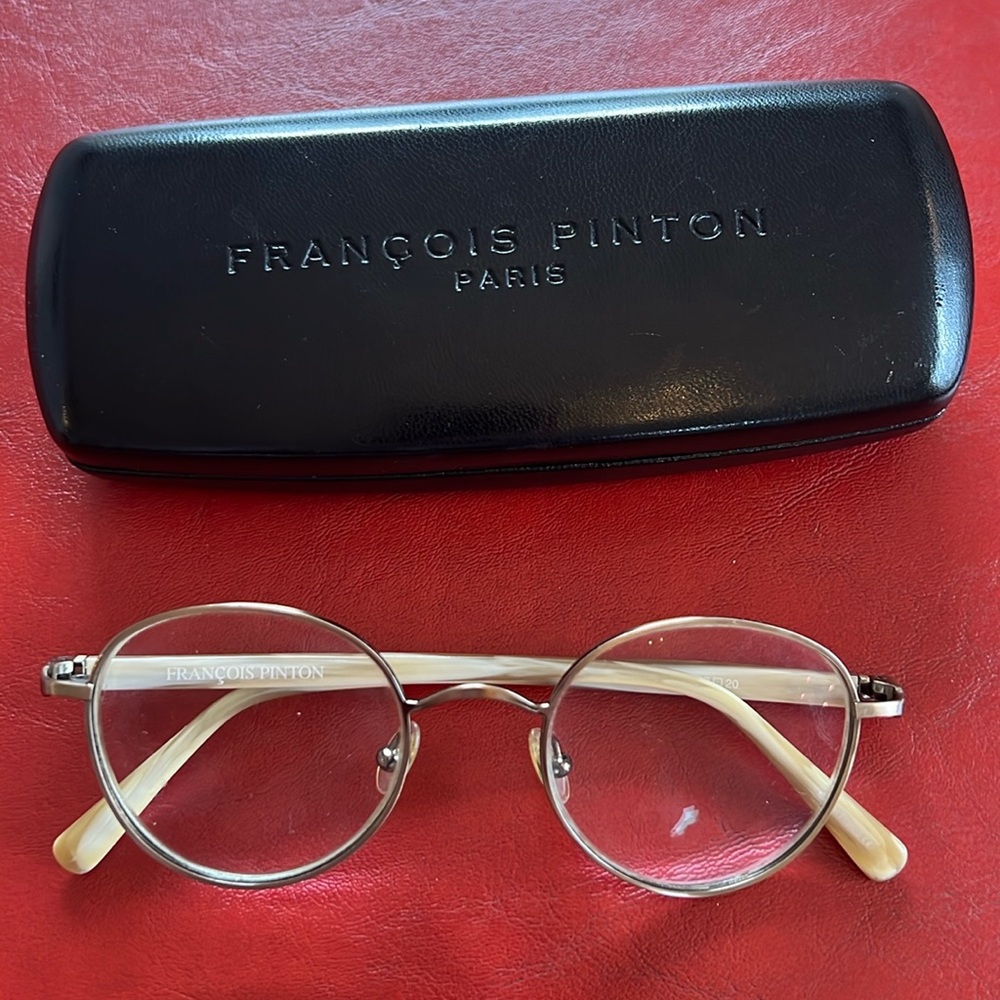Francois Pinton eyeglass frames.  Antiqued brass frames with ivory temples.